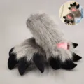 Grey fluffy animal paw gloves for cosplay furry costumes, cute furry dragon claw handwear. - Furry Dragon Lizard Paws - Grey & Black