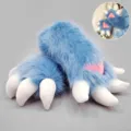 Cute blue plush monster paws gloves with white claws and pink pads for cosplay events. - Furry Dragon Lizard Paws - Sky Blue & White