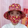 Red floral sun protection hat with integrated breathable face mask for summer riding - Small Floral Style / Red
