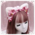 Lindo diadema de orejas de gato Lolita japonés lazo de felpa encaje estilo dulce kawaii - Blanco y Rosa con Cinta Rosa Loto