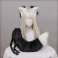 Faux fur cat fox ears headband and fluffy tail cosplay set black white variant view. - One Size / Black and White