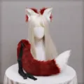 Plush fox ears headband and tail set, wine red and white cosplay costume accessories. - One Size / Wine Red and White