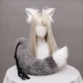 Plush Fox Ears and Tail Cosplay Set, Faux Fur Animal Ears Headband and Tail Gray White Variant - One Size / Greyish White