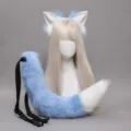 Faux fur fox ears headband and tail cosplay set in sky blue and white variant, fluffy anime style. - One Size / Sky Blue White