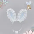 Lindo diadema de orejas de conejo de felpa de encaje azul Lolita para fiesta cosplay - Talla única / Orejas de conejo - Azul