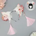 Στεφάνι κεφαλής με αυτιά αλεπούς cosplay, ροζ λουλούδια και πολύ μακριά φούντα για πάρτι. - Chihu Huachao - ροζ