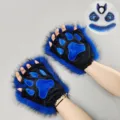 Plush wolf ears and paw gloves cosplay set, dark style Halloween party costume props. - Phantom Wolf Claw Gloves / Sapphire Blue