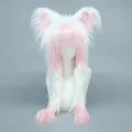 Suesse weiss rosa flauschige Anime Cosplay Peruecke Hut mit Ohren und geflochtenen Haaren. - Quasten-Katzenohren - Weiß & Rosa