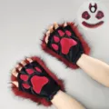 Dark gothic Halloween werewolf cosplay plush paw gloves and beast ear headband set for party. - Phantom Wolf Claw Gloves / Burgundy
