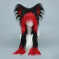 Flauschige schwarz-rote Katzenohren Mütze y2k warme Plüsch Anime Winter Kappe. - Quasten-Katze - Schwarz & Rot