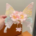 Elegante fermaglio per capelli a farfalla stile fata con fiori di seta rosa e perle - Farfalla Fiore di Seta Immortale 5# / 1 Paio / Rosa