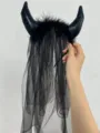 Dark Halloween devil horn headband with black lace veil for ghost bride party costume - 6# Horn Veil Headband (With Light)