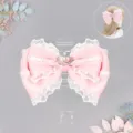 Sweet lolita pink bow hair clip with white lace trim and sparkling crystal crown centerpiece. - One Size / Bunny Bow - Pink