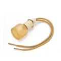 Car perfume bottle detail close-up, frosted glass container with wooden cap and hanging cord. - Yellow