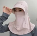 Pink cooling ice silk sun protection hat with integrated face mask and neck cover for outdoor - Integrated Full Face Sun Mask Hat / Pink