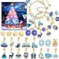 Detailed view of blue winter-themed DIY jewelry charms and assembled gold bracelet - Blue Theme Style (SDT124) / Gold & Blue