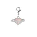 Silver lobster clasp charm featuring a pink heart crystal with Saturn ring design - Silver Pink Crystal Heart Planet (LXK-DGB1810)