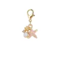 Gouden karabijnsluiting bedeltje met roze zeester, parel en glanzende strassteen. - Roze Zeester Hanger (LXK-DGB1850)
