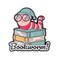 Cute cartoon bookworm enamel pin with glasses and nightcap sitting on a stack of books - Cute Bookworm Text Style (UVXZ230)
