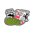 Detailed cartoon bookworm enamel lapel pin wearing green sweater reading fantasy book - Fantasy Book Worm Cartoon Style (UVXZ231)
