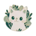 Cute white cartoon cat enamel pin badge with green leaves alloy brooch for clothes - White Cat with Leaf Border (UVXZ335)