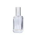 Detail shot of transparent glass perfume bottle with silver pump, empty refillable sample container. - Silver