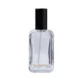 Clear glass perfume bottle close-up showing transparent body and fine spray nozzle detail. - Black