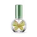 Detailaufnahme einer runden 10ml Glas-Parfümflasche mit grünem Deckel und Schmetterling. - Grün