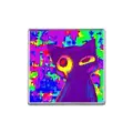 Broche de chat style glitch artistique avec un fond violet abstrait et très coloré - Chat Drôle Violet Néon (ZP0597)