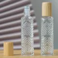Flacon roll-on en verre de 10ml avec bouchon en bambou, bouteille d'huile essentielle gaufrée - 12ml / Relief Double Diamant (Bille en Acier)