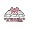 Elegant enamel brooch with pink bow and Proverbs 31:25 inspirational quote for her - Strength And Dignity Cloud(QHXZ5824)