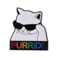 Cute white cat brooch featuring sunglasses and rainbow PURRIDE text enamel badge pin - Sunglasses Rainbow Cat Style (QHXZ3861)