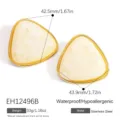 Vintage gold-plated stainless steel triangle stud earrings with marble resin inlay - Cream White (EH12496B) / 42.5x43.9mm