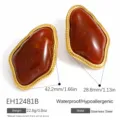 Vintage Maillard style irregular geometric resin earrings in gold-plated stainless steel. - 1 Pair (42.2x28.8mm) / Amber Brown (EH12481B)