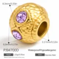 Cuenta espaciadora de acero dorado DIY con cristal púrpura y acabado texturizado - Estilo PJ94700 (PJ94700D) / 8.3x6.9mm / Dorado / Circonita Púrpura