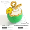 Stainless steel green coconut enamel charm with plumeria flower for DIY jewelry - Green Coconut Yellow Plumeria Style (PJ94317C)