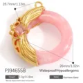 Pink marbled resin and gold stainless steel ring pendant with crystal detail. - Gold Ring With Pink Zirconia Style (PJ94655B)