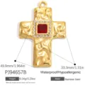 Hammered gold stainless steel cross pendant featuring central red gemstone and clear accents - Gold Wavy Cross With Red Zirconia (PJ94657B)