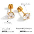 Gold stainless steel stud earrings with round clear zirconia stones and dimensions - Round Rhinestone Stud Earring (EH12353)