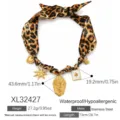Leopard print fabric necklace with multiple golden stainless steel charms pendants - Vintage Portrait Necklace (XL32427)
