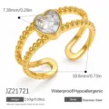 Verstellbarer goldbeschichteter Edelstahlring mit Herz-Zirkonia und Perlenband - Herz Strass Offener Ring (JZ21721)