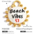 Ανοξείδωτο μενταγιόν Beach Vibes για κατασκευή κοσμημάτων με πλήρη στοιχεία - Στρογγυλό Στυλ Εκτύπωσης Beach Vibes (PJ94599) / 22.5x19.5mm / Χρυσό