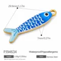 Blauer Emaille-Fischanhänger aus Edelstahl für DIY-Schmuckanhänger im Ozean-Stil Zubehör - Blau-Grün Gestreifter Fisch (PJ94634) / 1 Stück