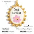 Stainless steel oval pendant with Sei unica Italian text and pink flower detail - Oval Sei unica Print Style (PJ94608)