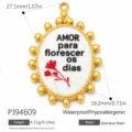 Gold-plated stainless steel oval pendant with Portuguese quote and red flower detail - Oval AMOR para florescer os dias Print Style (PJ94609)
