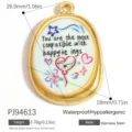 Gold-plated stainless steel oval pendant with colorful heart and happy things text - Oval Doodle Print Style (PJ94613)