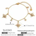 Gold-plated stainless steel bracelet featuring eight-pointed star pendants and crystal charms - Full Rhinestone Star Bracelet (SL41943)