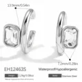 Silver stainless steel C-shape ear cuff featuring a clear square zircon stone inlay detail - Rectangular Rhinestone Ear Cuff (EH12463S) / Silver