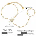 Elegant gold plated stainless steel star hand chain ring bracelet with shiny crystals - Octagram Hand Chain Bracelet (SL41885)