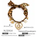 Maillard style leopard print silk scarf necklace with heart charm in stainless steel - Heart Opal Pendant Necklace (XL32414)
